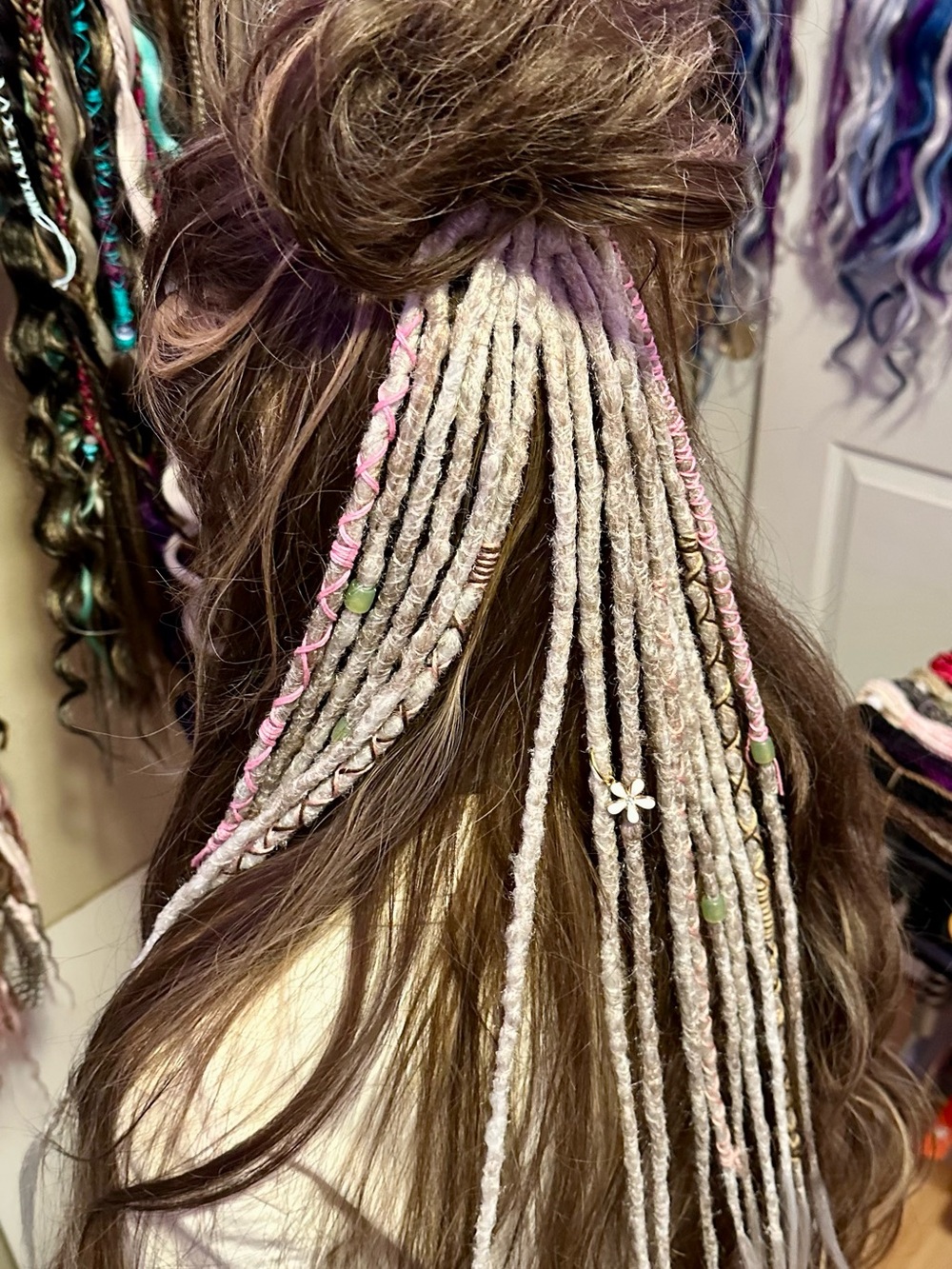 Handcrafted Pink & platinum blonde Dread Extensions with Bead Accents